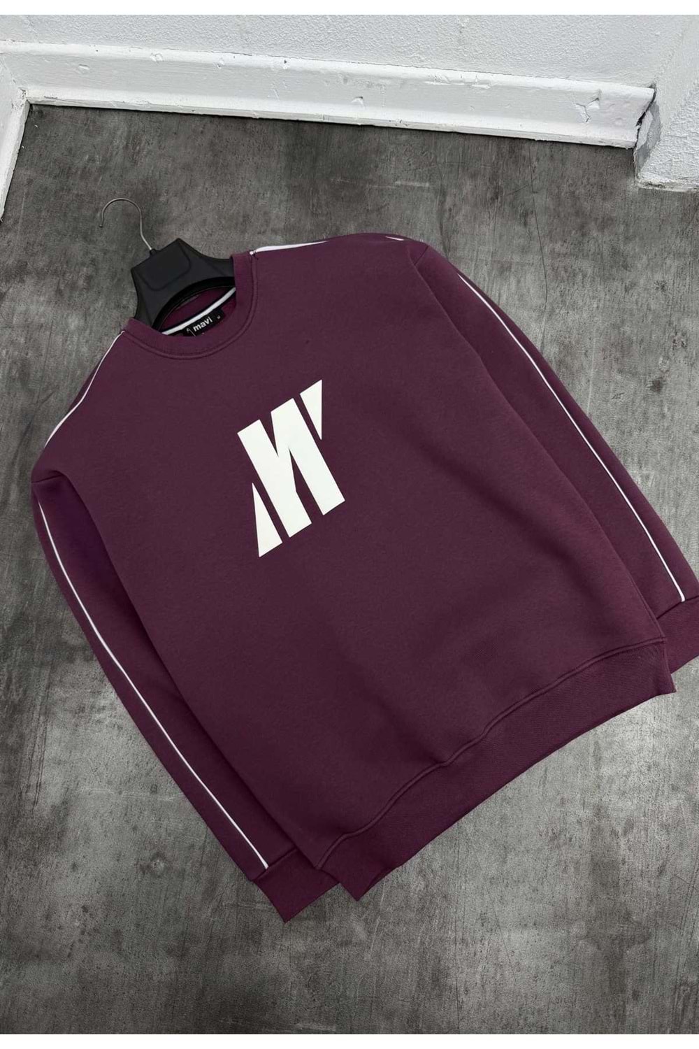 1007 MAVI SERIT DETAY BISIKLET YAKA SWEAT - AÇIK BORDO-BEYAZ - S