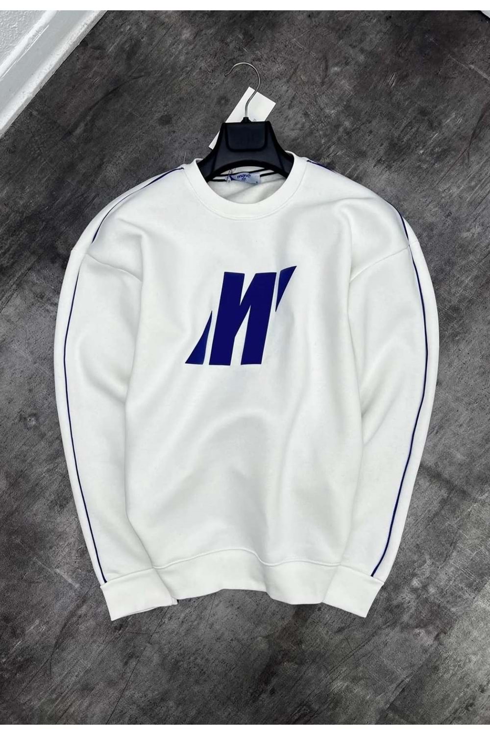 1007 MAVI SERIT DETAY BISIKLET YAKA SWEAT - BEYAZ-LACIVERT - S