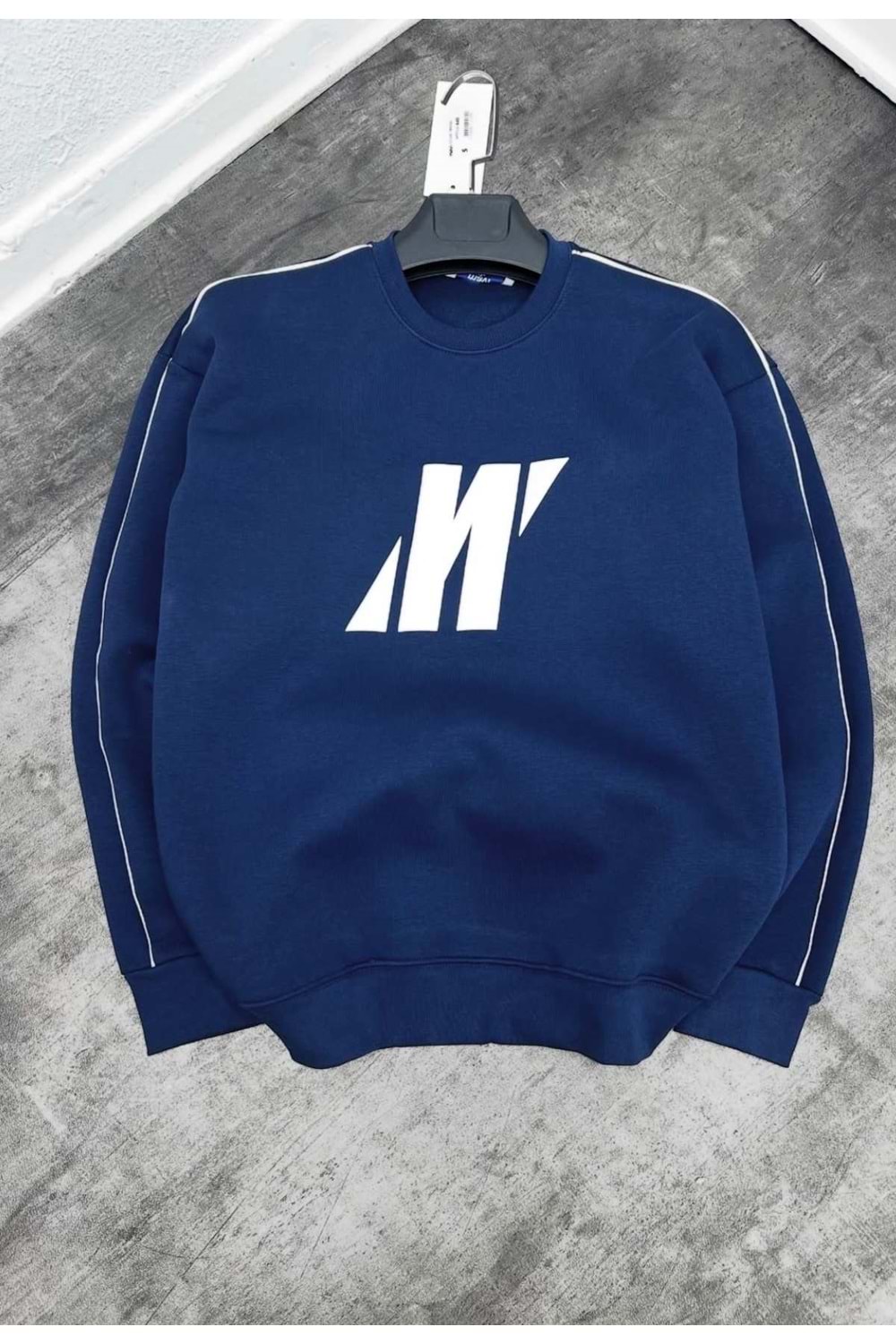 1007 MAVI SERIT DETAY BISIKLET YAKA SWEAT - LACIVERT-BEYAZ - XL