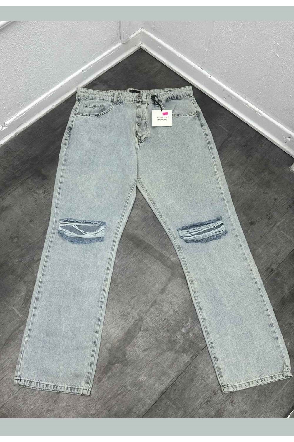1002 GRJ DİZİ YIRTIK BAGGY PANTOLON - BUZ MAVİ
