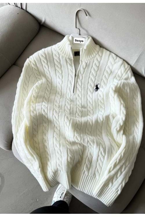 1006 POLO FERMUAR YAKA TRİKO ÖRME KAZAK - BEYAZ