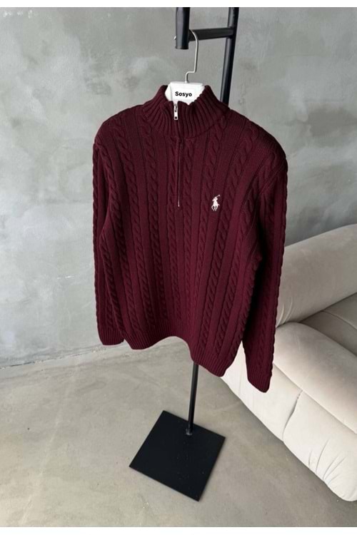 1006 POLO FERMUAR YAKA TRİKO ÖRME KAZAK - BORDO