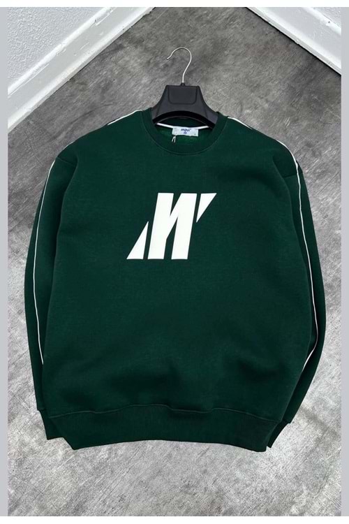 1007 MAVI SERIT DETAY BISIKLET YAKA SWEAT - YESIL-BEYAZ - S