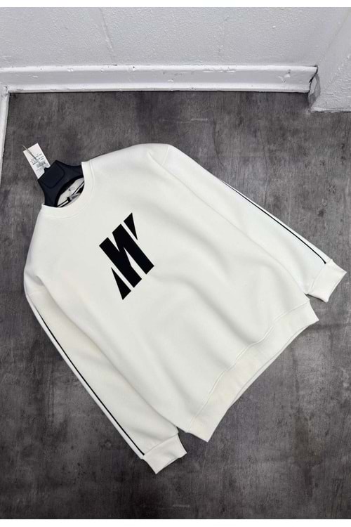 1007 MAVI SERIT DETAY BISIKLET YAKA SWEAT - BEYAZ-SIYAH - S