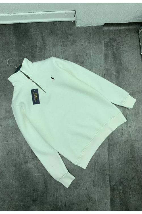 1016 POLO FERMUAR YAKA NORMAL KALIP SWEAT - BEYAZ - S