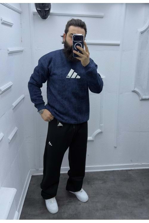 1033 ADİDAS YIKAMA DESEN BİSİKLET YAKA SWEAT - LACİVERT