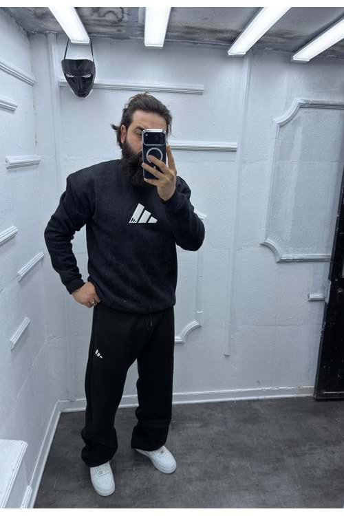 1033 ADİDAS YIKAMA DESEN BİSİKLET YAKA SWEAT - SİYAH