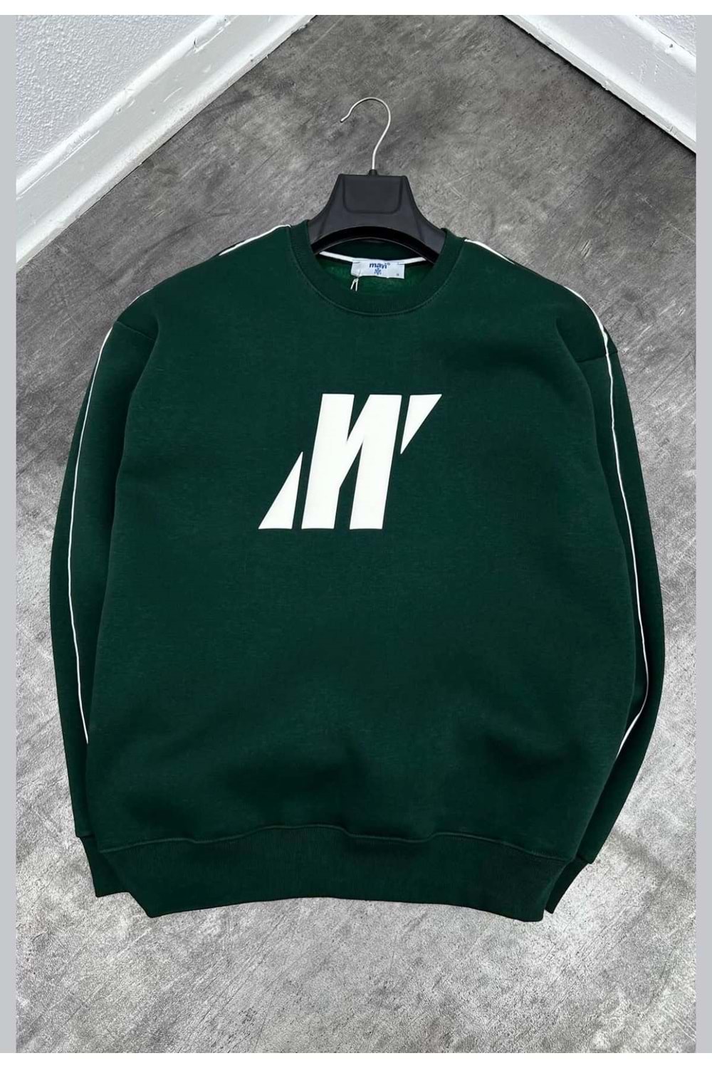 1007 MAVI SERIT DETAY BISIKLET YAKA SWEAT - YESIL-BEYAZ - S