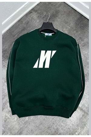 1007 MAVI SERIT DETAY BISIKLET YAKA SWEAT - YESIL-BEYAZ - S