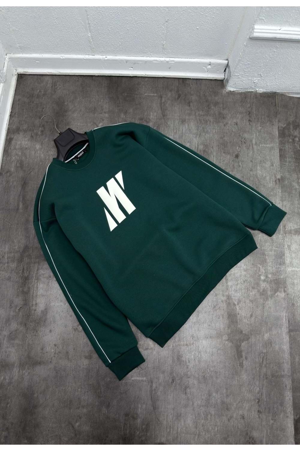 1007 MAVI SERIT DETAY BISIKLET YAKA SWEAT - YESIL-BEYAZ - S