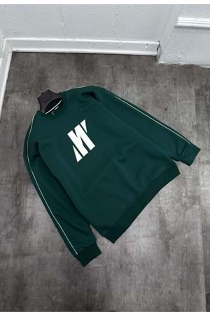 1007 MAVI SERIT DETAY BISIKLET YAKA SWEAT - YESIL-BEYAZ - S