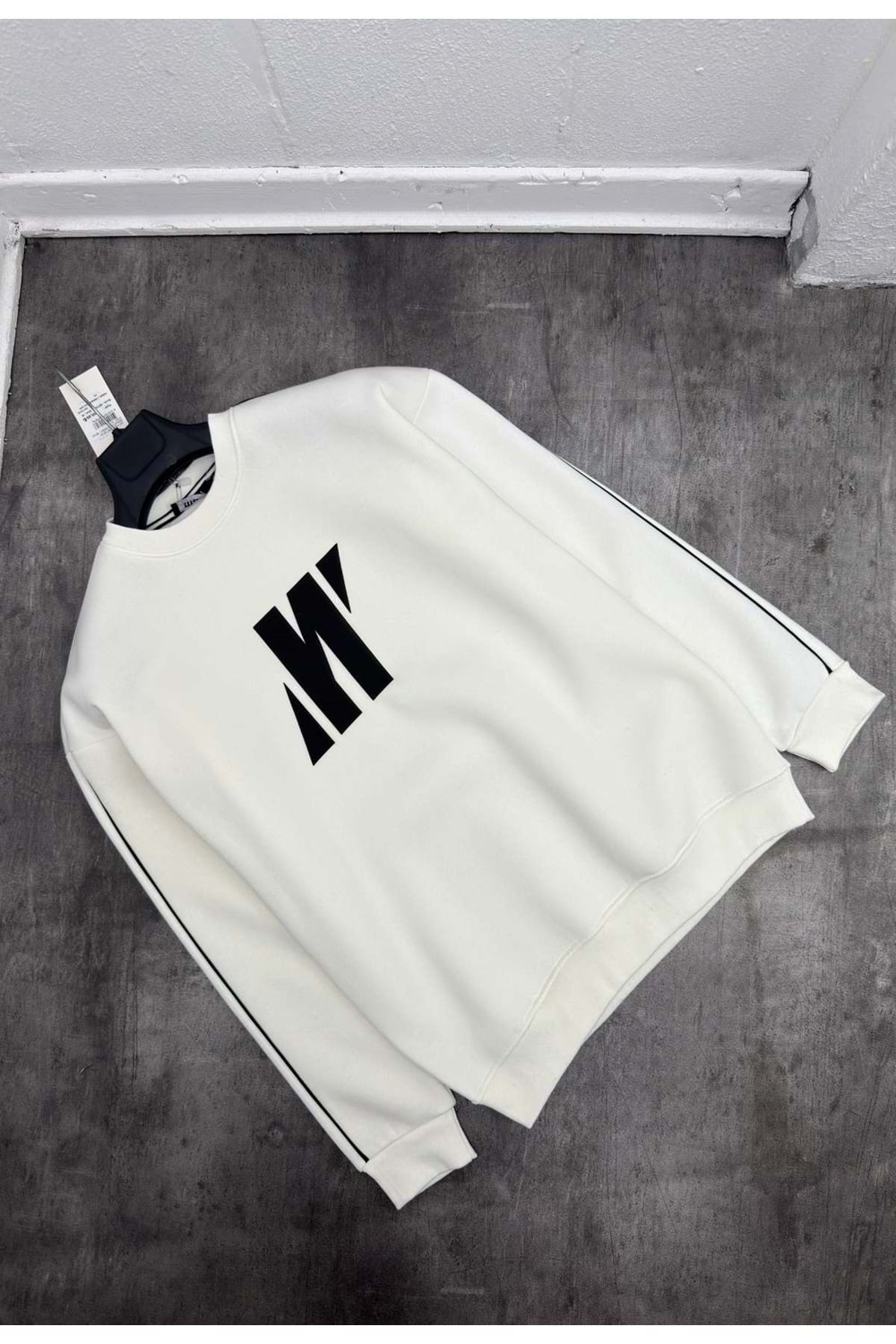 1007 MAVI SERIT DETAY BISIKLET YAKA SWEAT - BEYAZ-SIYAH - S