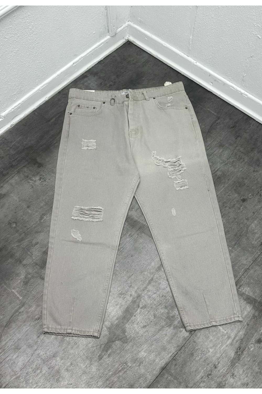 1002 DONT PANIC BÜYÜK YIRTIK DETAY BOYFRİEND KOT - TAŞ - 34