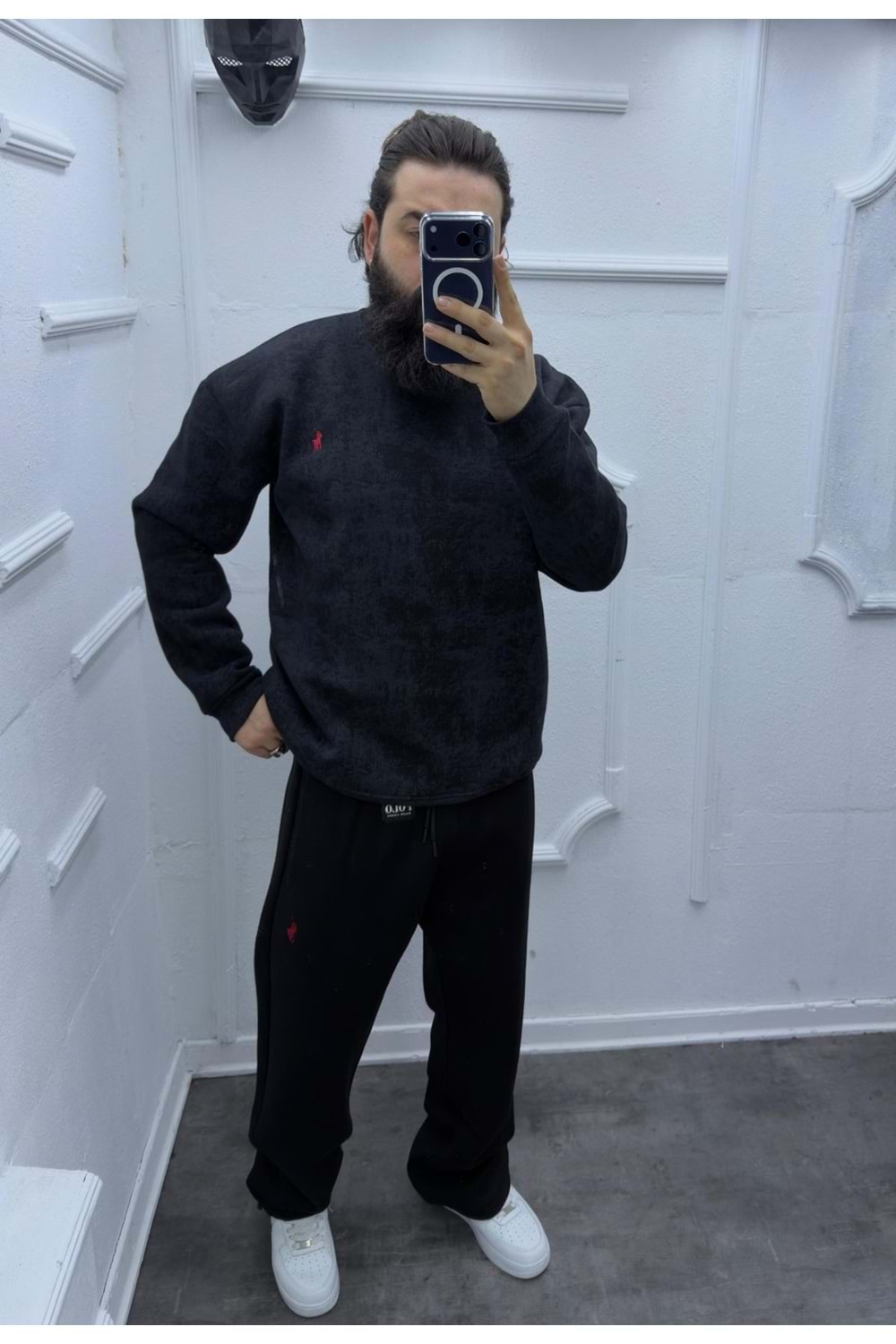 1018 POLO YIKAMA DESEN BİSİKLET YAKA SWEAT - SİYAH